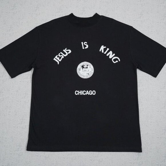 Trendy Black Tee With Jesus Is King & Chicago Motif